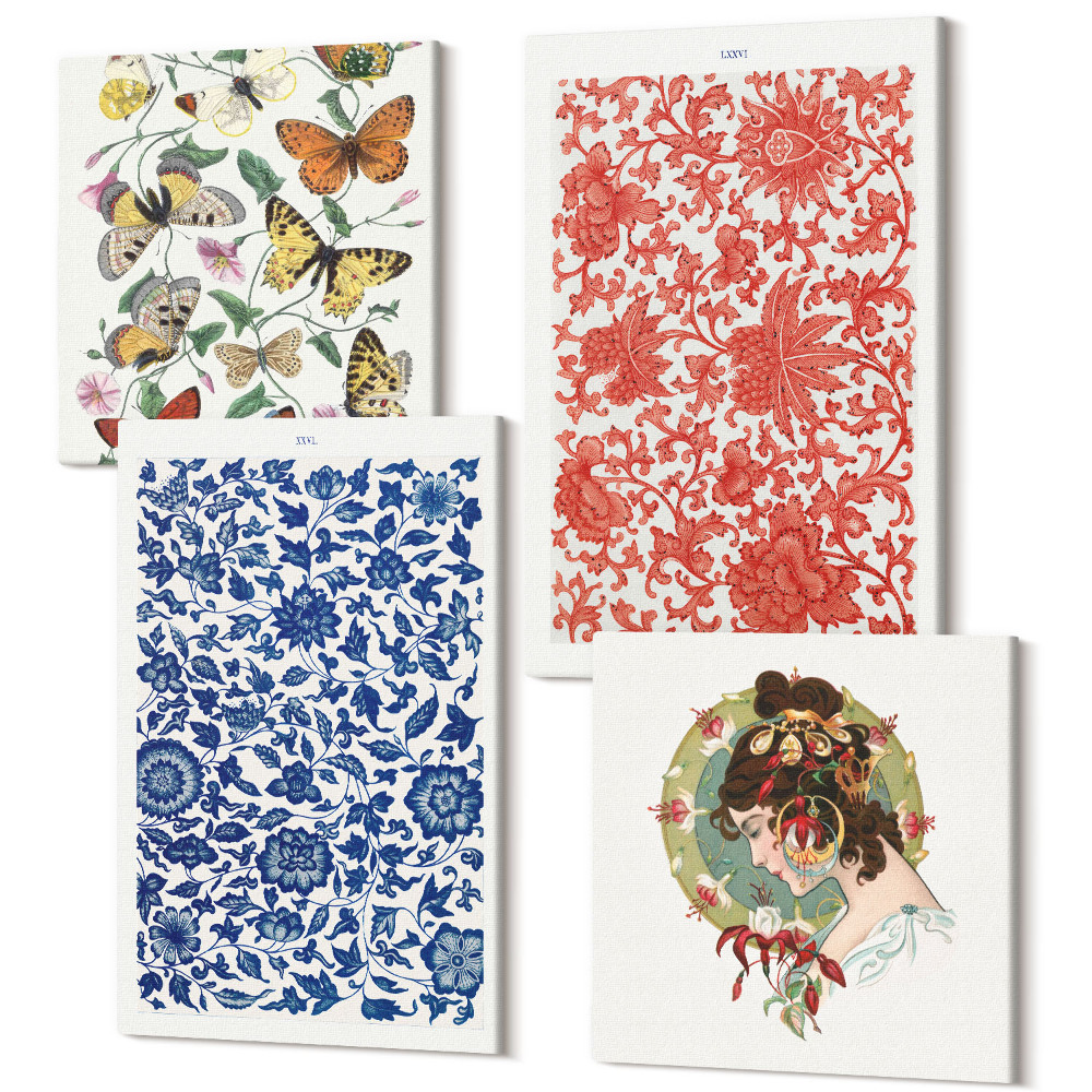 Négy részes vászonkép Vintage virágok pillangók és díszek poszterek