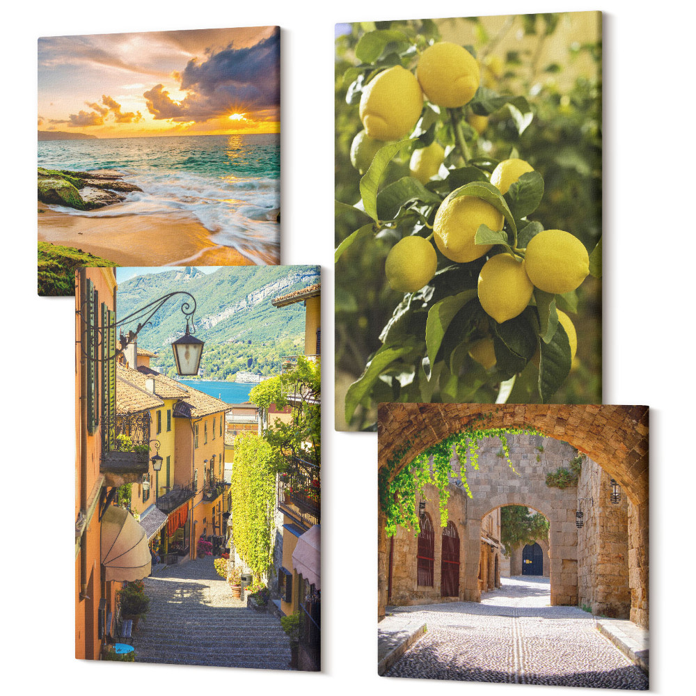 Négy részes vászonkép Festői utcák, tenger, strand és citrusfák