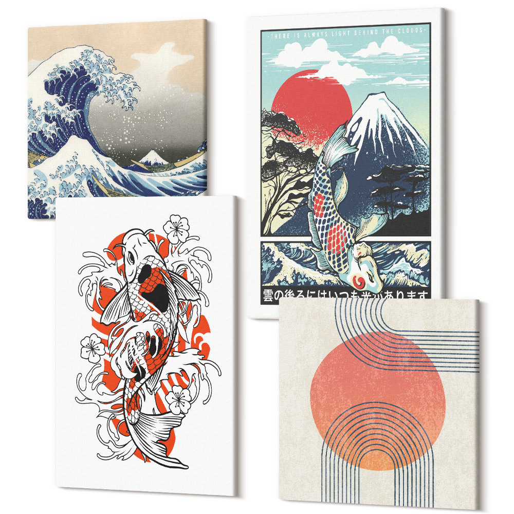 Négy részes vászonkép szett Illusztrációk a halak hegyeiről és a nagy hullámról Kanagawánál, japán stílusban