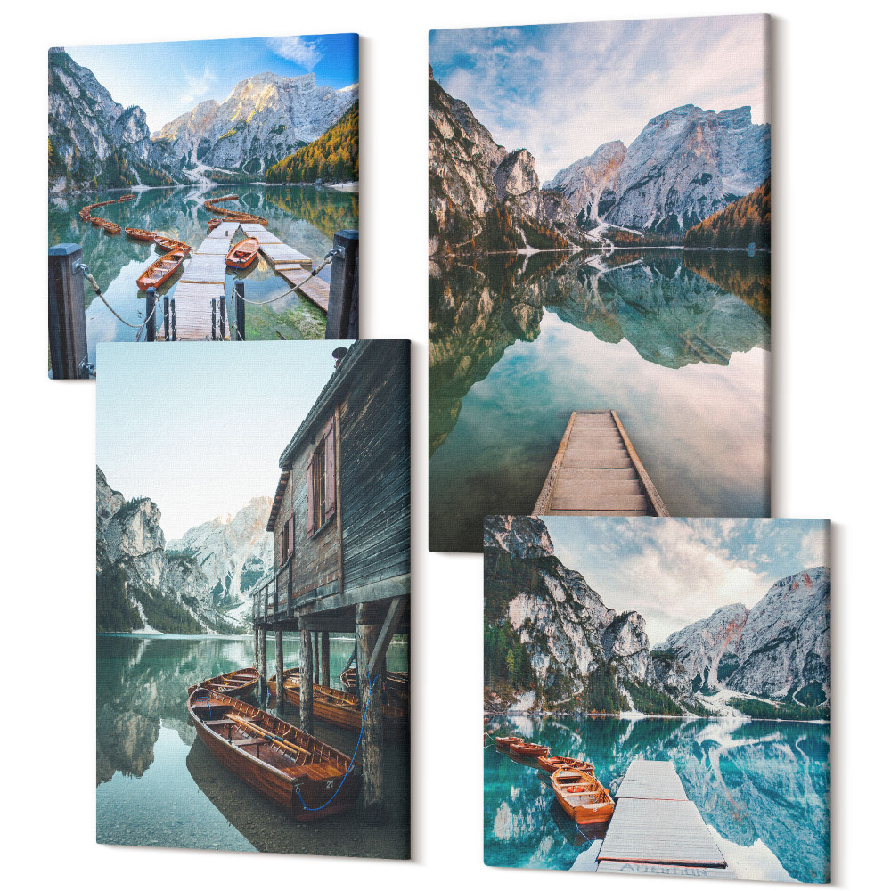 Négy részes vászonkép szett Csendes tó a hegyekben, fából készült csónakokkal