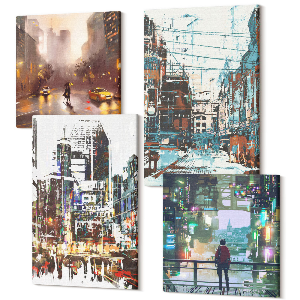 Négy részes vászonkép Modern városok színekben, figurával a háttérben