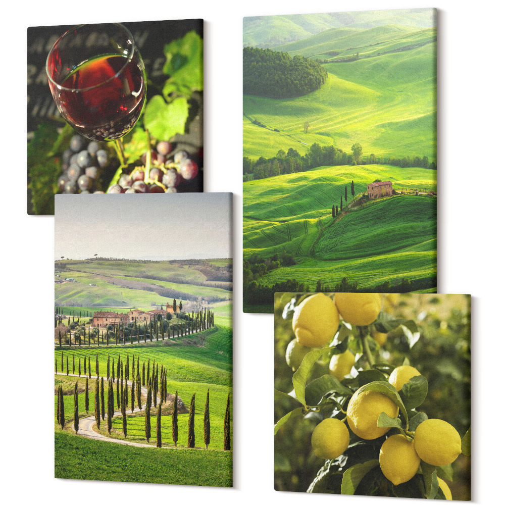 Négy részes vászonkép szett Olasz tájak citrusfákkal és zöld dombokkal