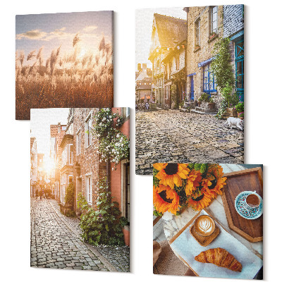 Négy részes vászonkép Bájos utcák kávéval és napraforgóval