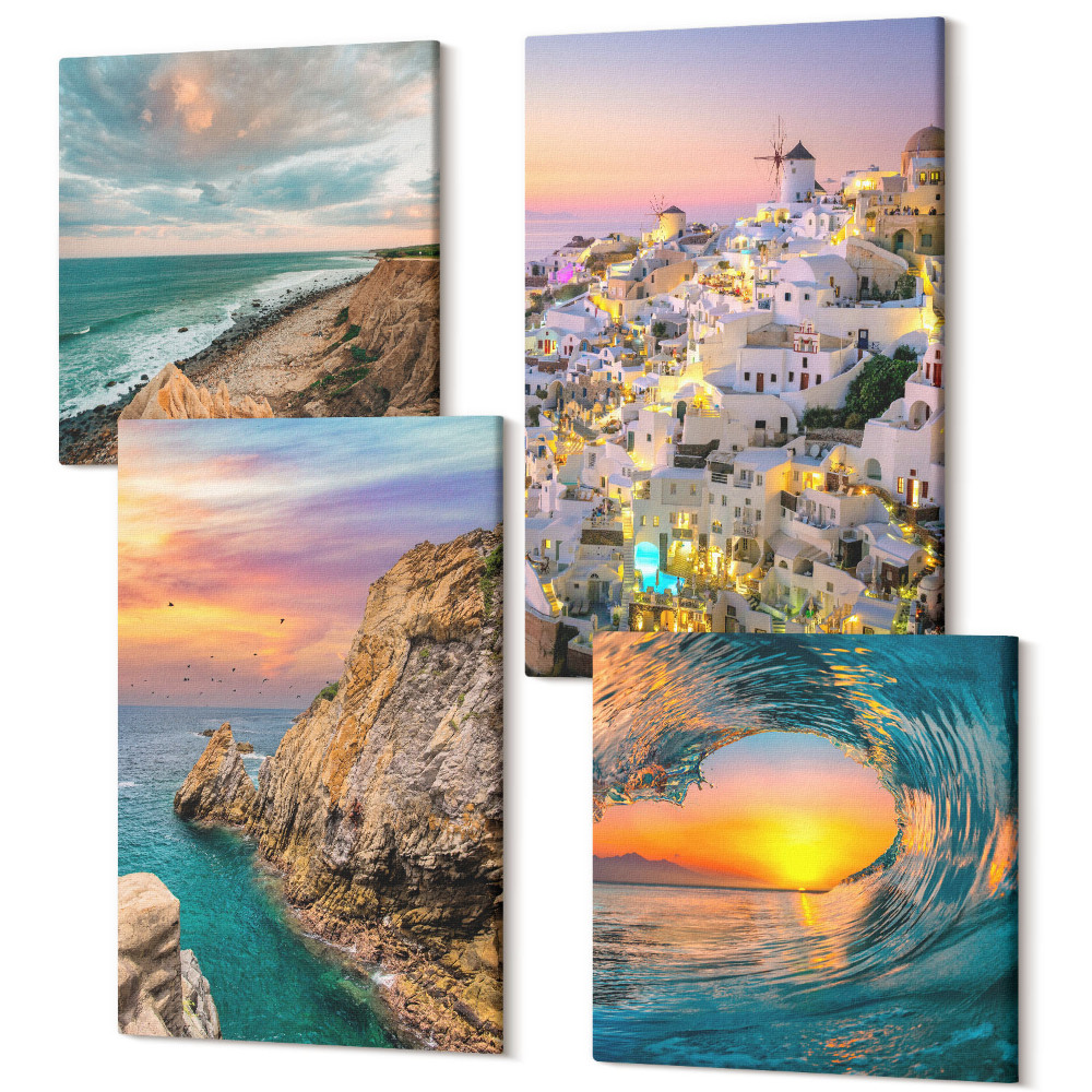Négy részes vászonkép szett Kilátás a tengerre, a hullámokra és a fehér házakra Santorini, Görögországban