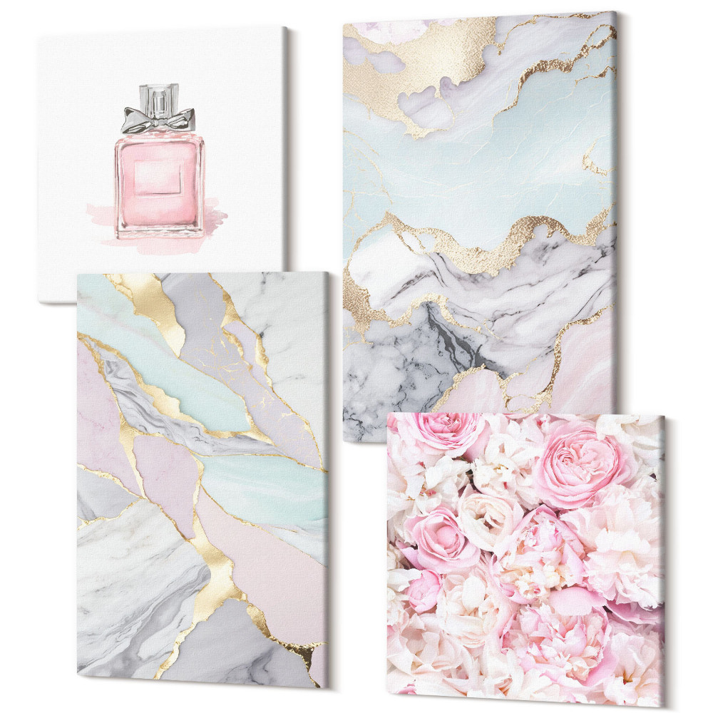 Négy részes vászonkép szett Rózsaszín virágok márvány és pasztell mintákkal