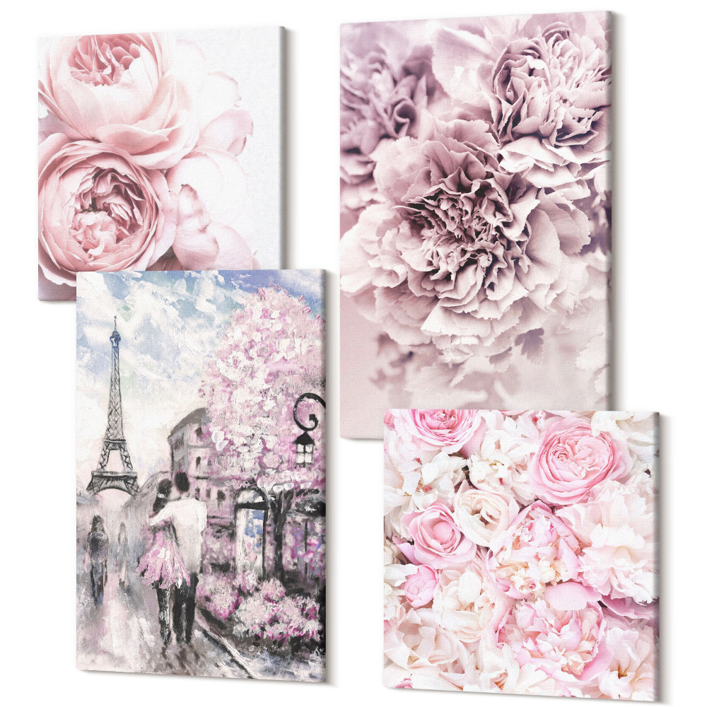 Négy részes vászonkép Virágok rózsaszín romantikus táj árnyalataiban