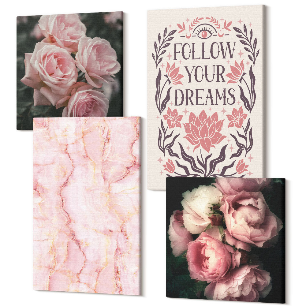 Négy részes vászonkép szett Vintage rózsák márvány felirat az álmokról