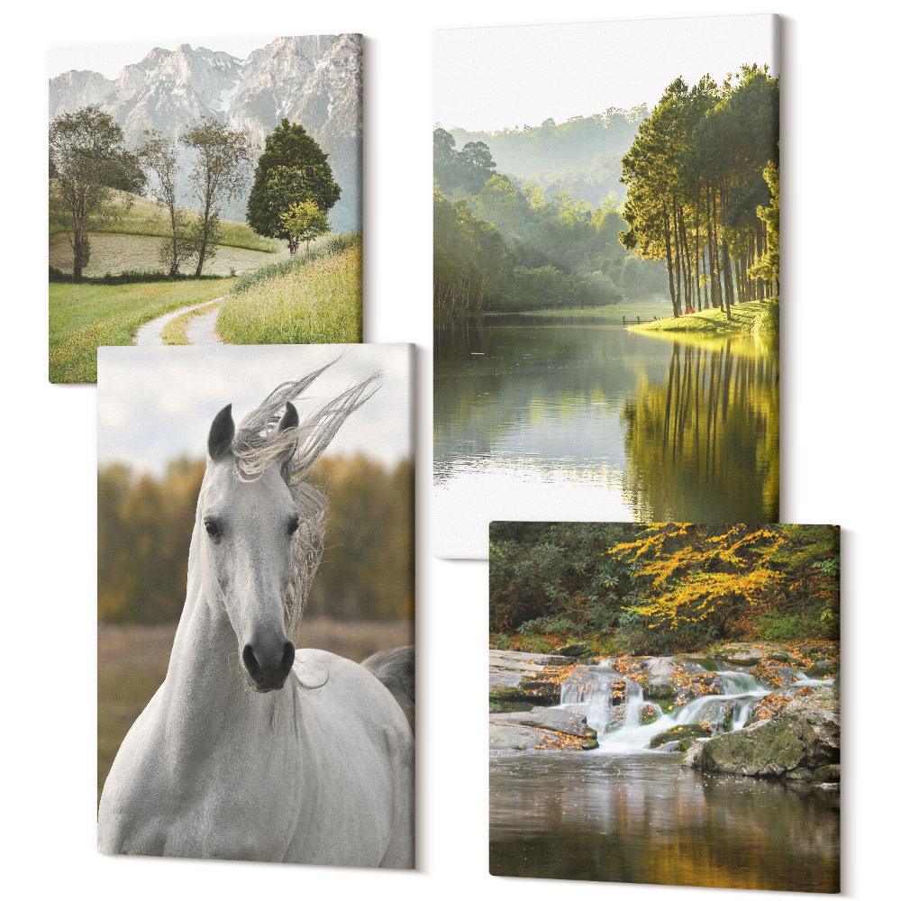 Négy részes vászonkép szett Fehér lovak a folyó természeti táj