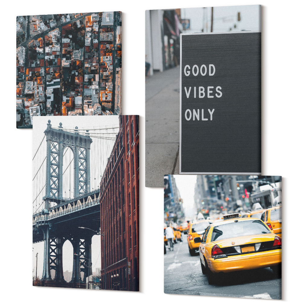 Négy részes vászonkép Híd a városban utcai táblákkal, légi felvétel