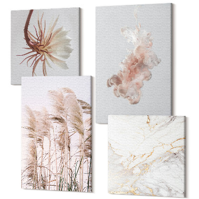 Négy részes vászonkép Elegáns virágok és füvek, fehér márvány