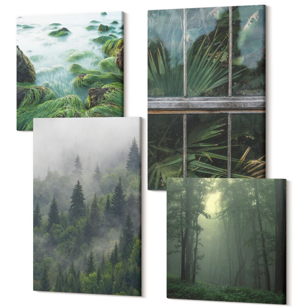 Négy részes vászonkép szett Egy erdő a ködben, egy folyópart és egy üvegház növényekkel