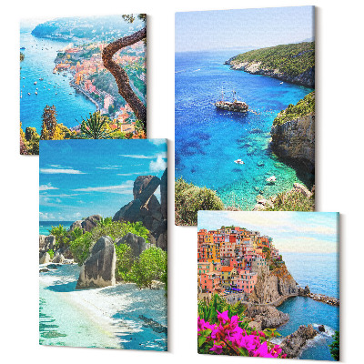 Négy részes vászonkép Tengerparti kilátás pálmafákkal és kék vízzel