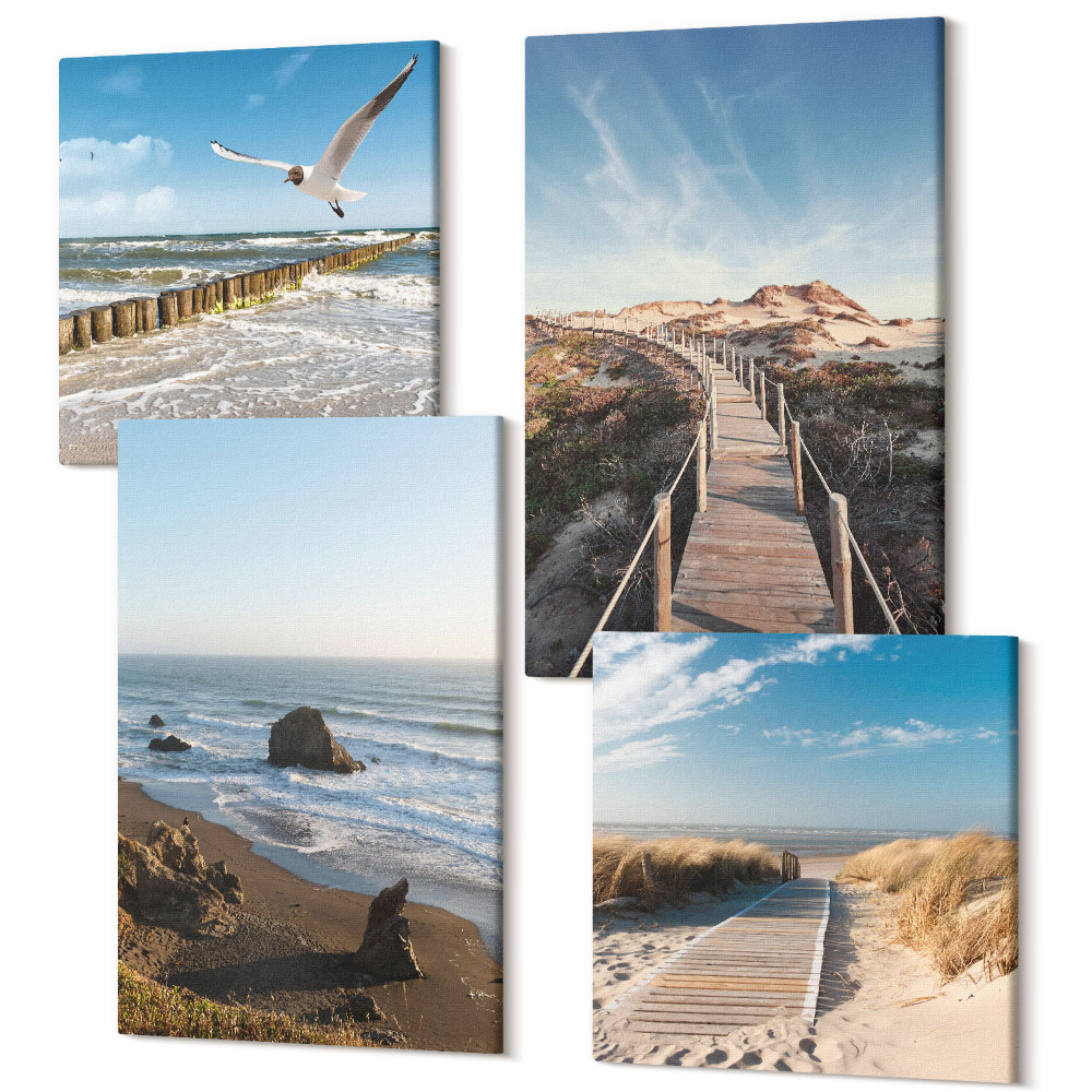Négy részes vászonkép szett Kilátás a tengerpartra, hullámokkal, égbolttal és egy sétáló mólóval