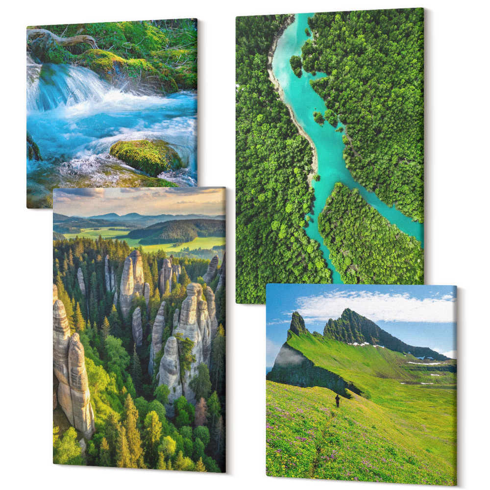 Négy részes vászonkép szett Zöld hegyi tájak folyóval és sziklákkal