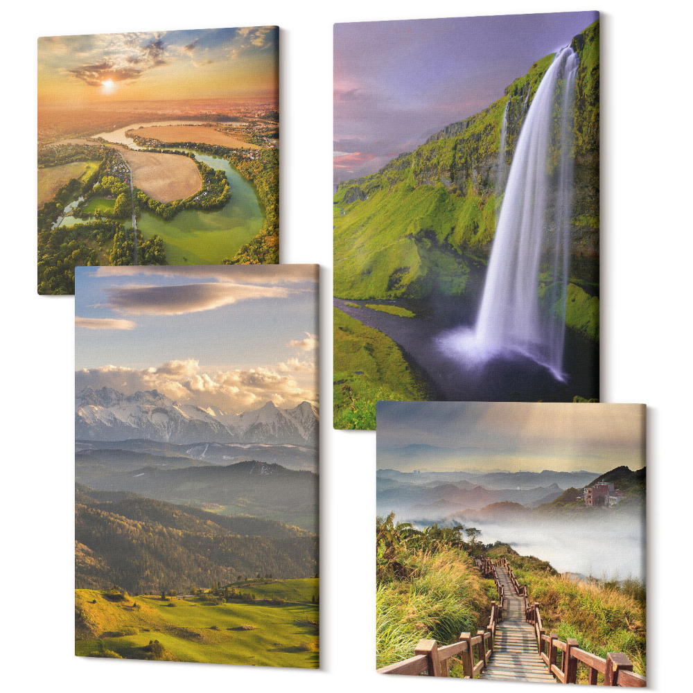 Négy részes vászonkép Hegyi folyó és vízesés a természetben