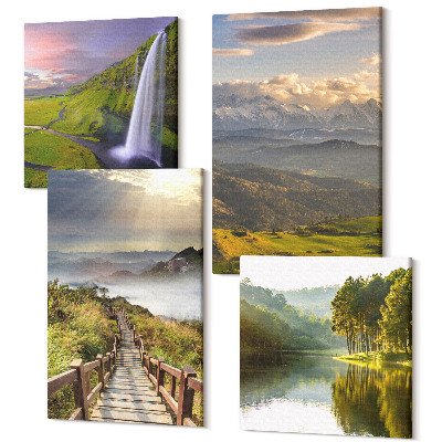 Négy részes vászonkép Festői hegyi tájak vízeséssel és ösvényekkel