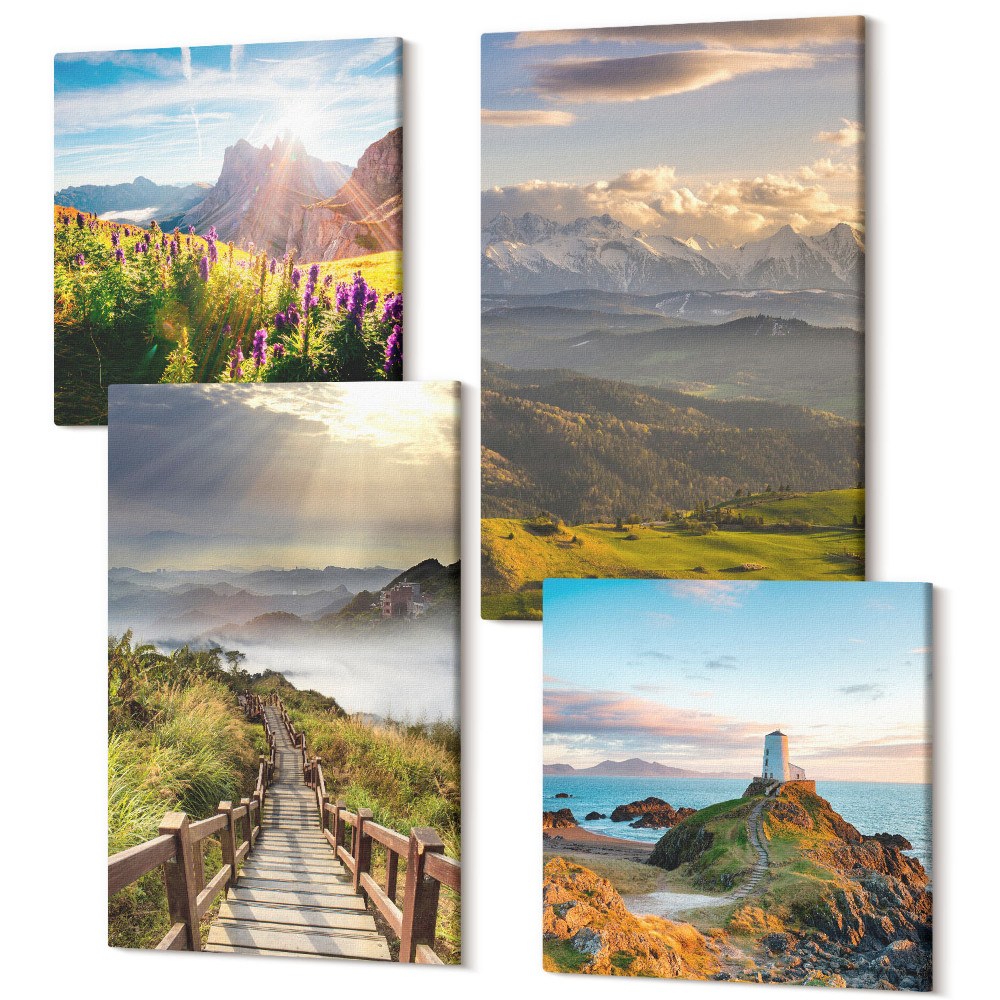 Négy részes vászonkép szett Hegyi tájak, virágok, ég és út
