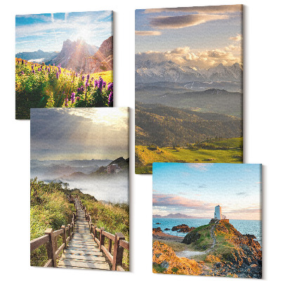 Négy részes vászonkép szett Hegyi tájak, virágok, ég és út