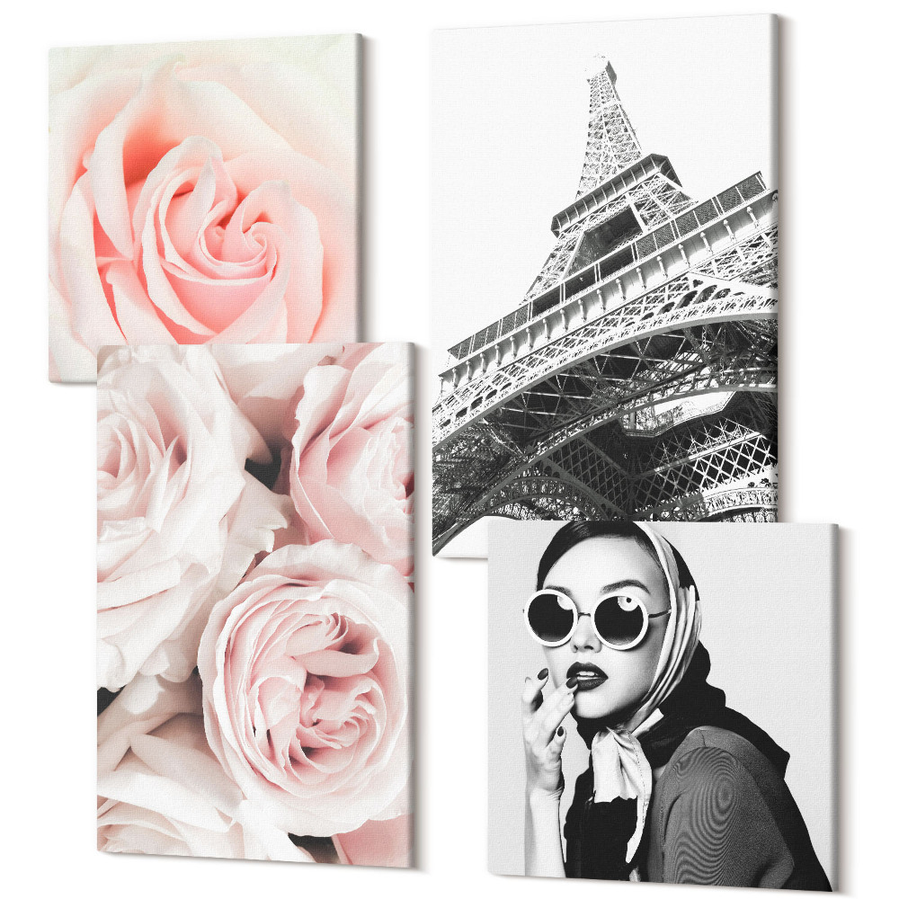 Négy részes vászonkép szett Roses divat portré egy nő Eiffel-torony Párizsban