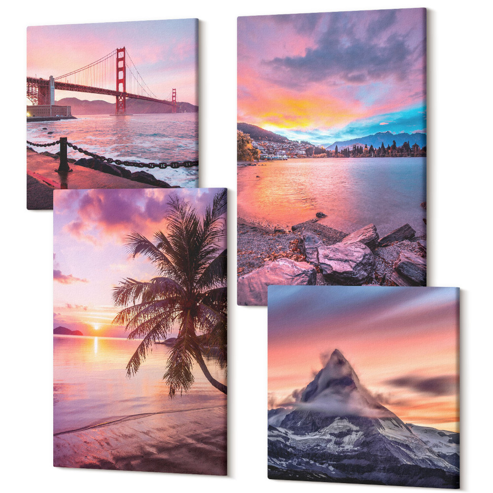 Négy részes vászonkép szett Naplemente a hídon és a vízi táj