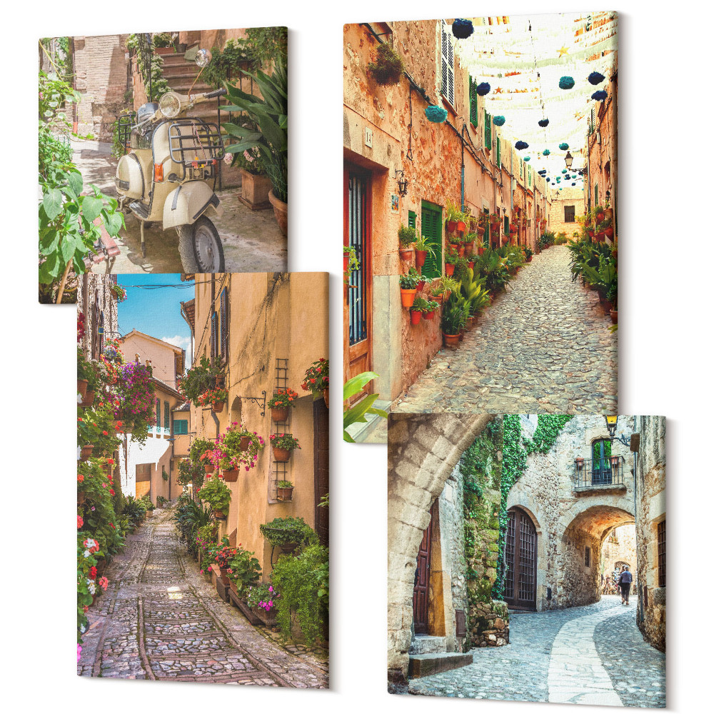 Négy részes vászonkép szett Bájos utcák virágokkal, olasz hangulatban
