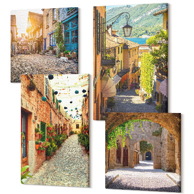 Négy részes vászonkép szett Bájos utcák kőépületekkel és kapukkal