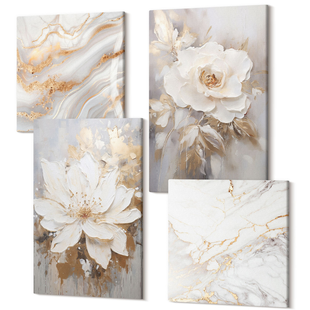 Négy részes vászonkép szett Virágok és absztrakt márvány minta