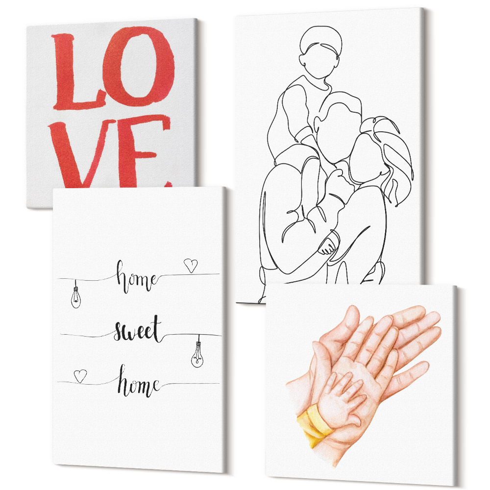 Négy részes vászonkép szett Családi illusztrációk és otthoni feliratok az életről és a szerelemről