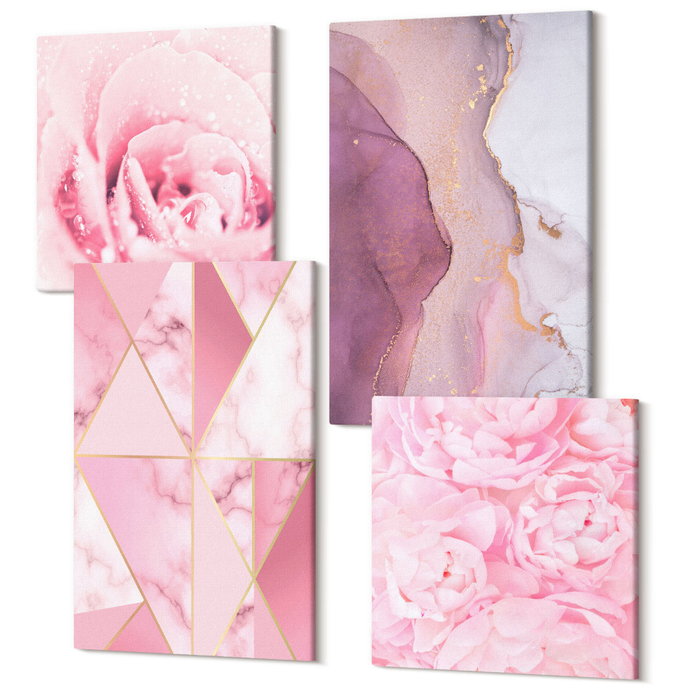 Négy részes vászonkép szett Rózsaszín virágok, pünkösdi rózsa geometriai minták