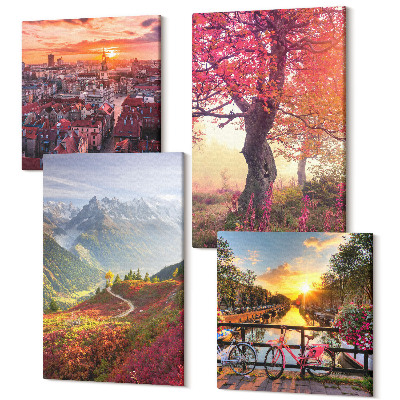 Négy részes vászonkép Hegyi tájak kerékpárral és őszi fával