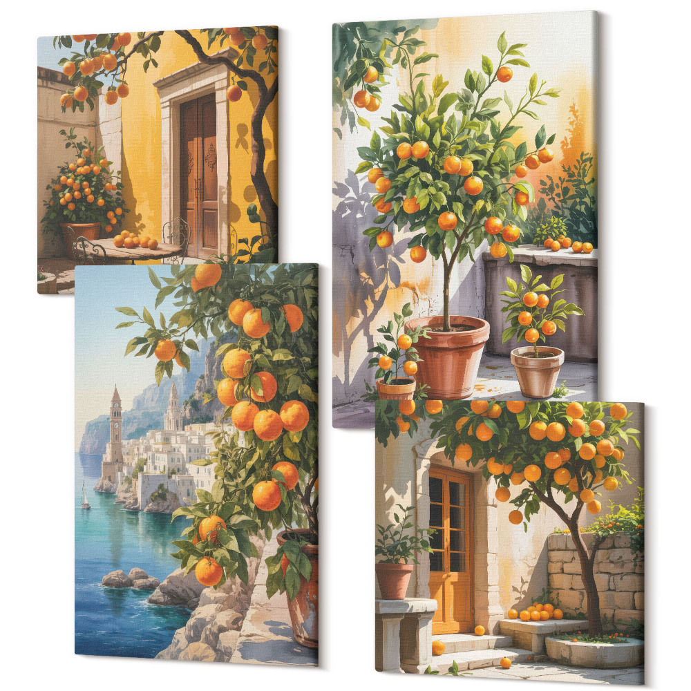 Négy részes vászonkép Festett citrusfélék és tengerparti tájak