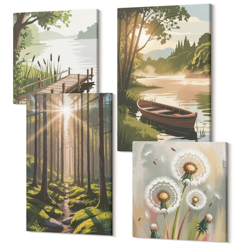 Négy részes vászonkép Békés tájak az erdő és a tó csónakkal
