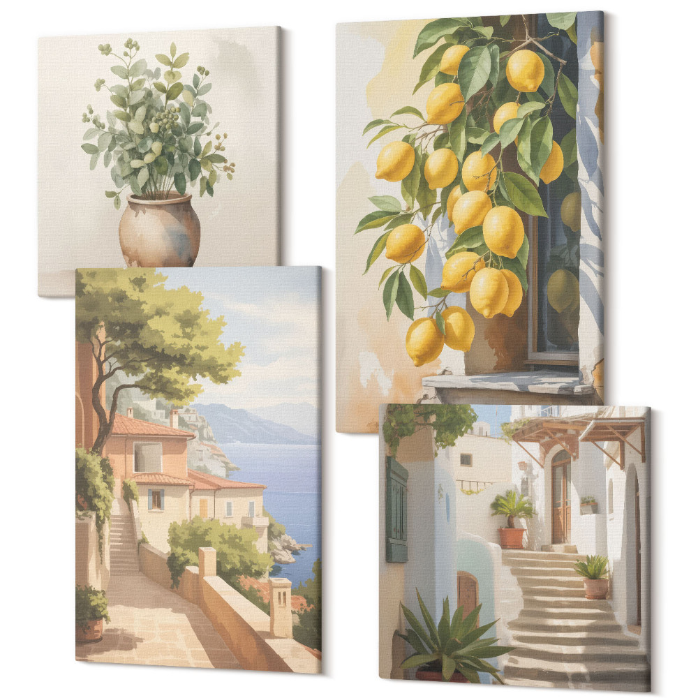 Négy részes vászonkép szett Virágok egy vázában, kilátással a tengerre és a citromra