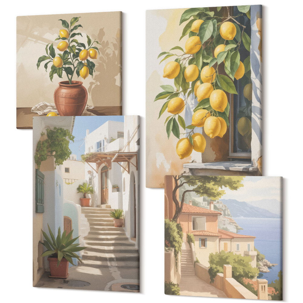 Négy részes vászonkép Bájos utcák citrommal és tengerre néző kilátással
