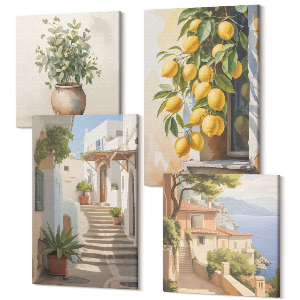 Négy részes vászonkép szett Cserepes növények és citromok egy utca hátterében