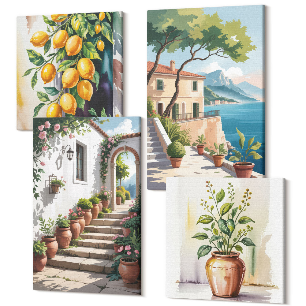 Négy részes vászonkép Citrom a háttérben a virágok és a tengerparti kilátás