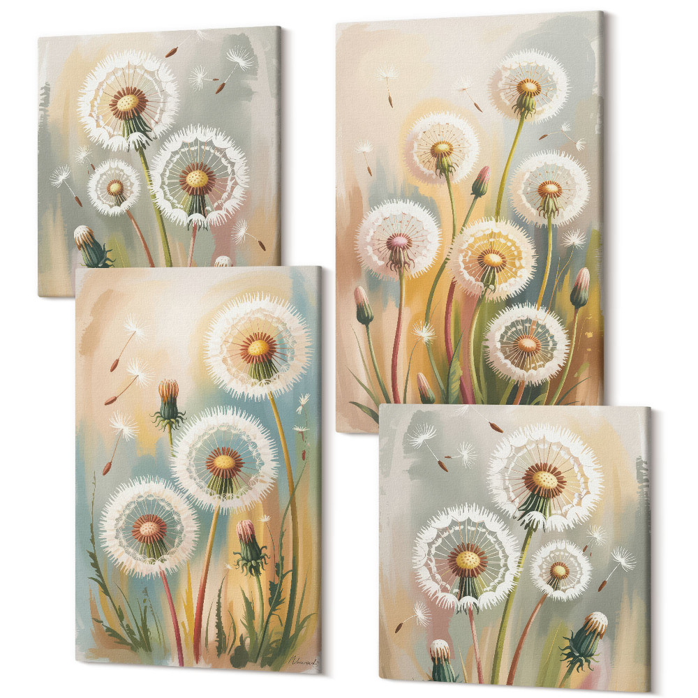 Négy részes vászonkép szett Pitypang virágok pasztell füvek hátterében