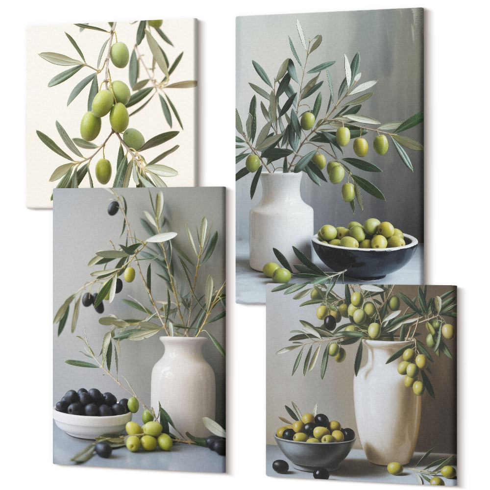 Négy részes vászonkép szett Olajbogyó vázákban, szürke alapon ágakkal