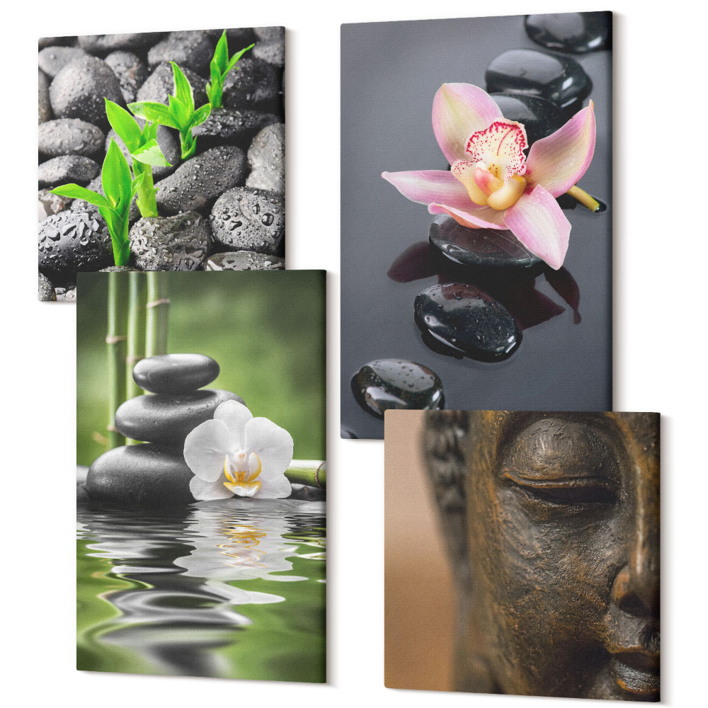 Négy részes vászonkép Egy békés zen kompozíció kövekből és virágokból, Buddha