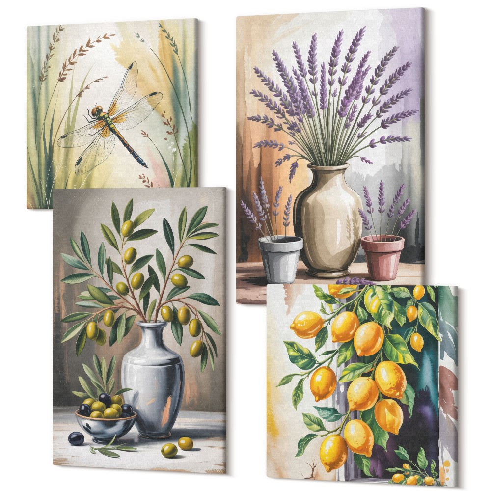 Négy részes vászonkép Virágok és olajbogyó vázák citrom jellegű