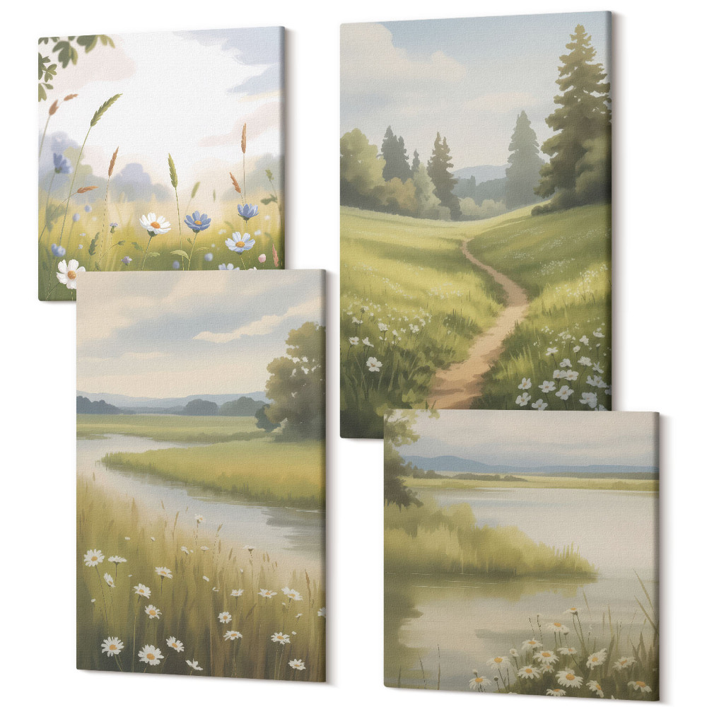Négy részes vászonkép Tavaszi táj folyóval, úttal és virágos réttel