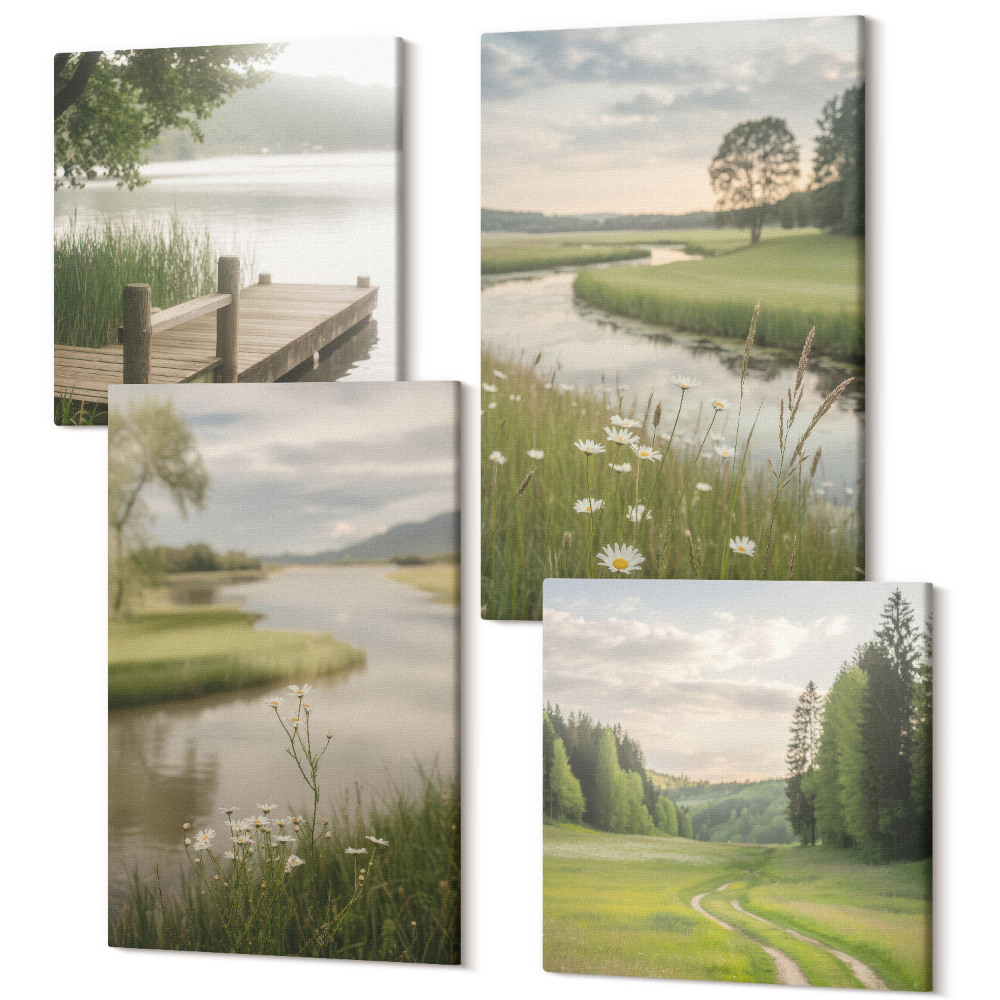 Négy részes vászonkép szett Békés nyári tájak folyóval és virágos réttel