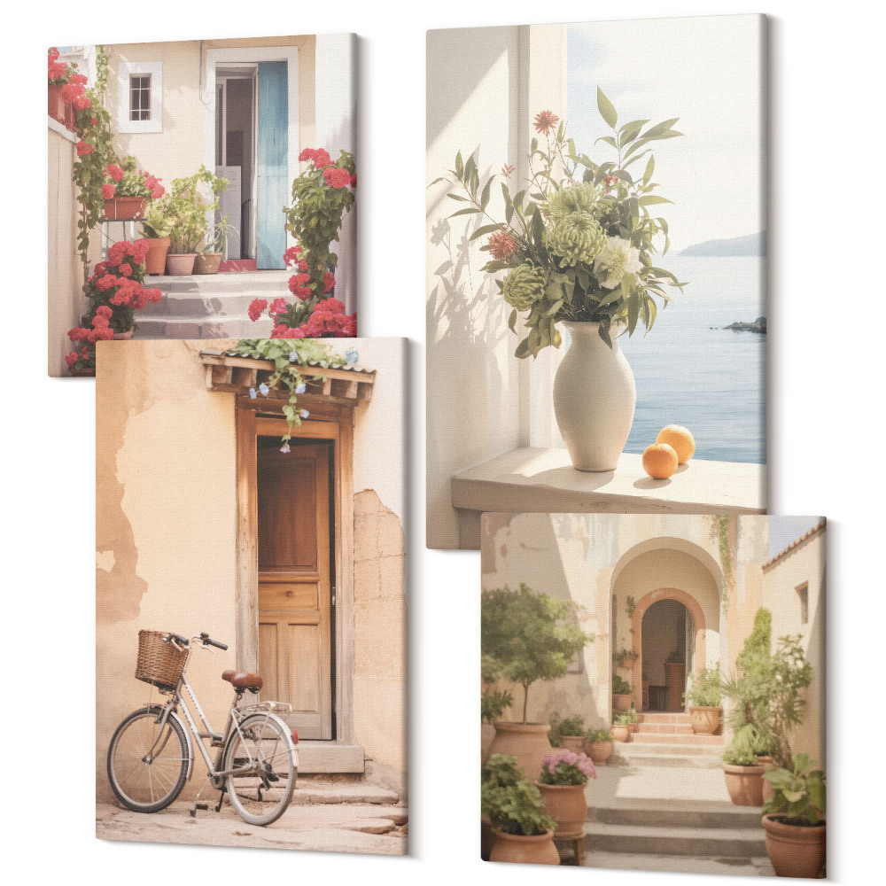 Négy részes vászonkép szett Bájos tengerparti utcák virágokkal és kerékpárokkal