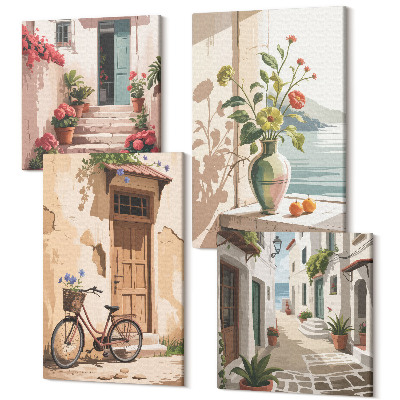 Négy részes vászonkép Virágokkal és kerékpárral festett utcák