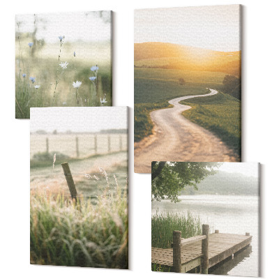 Négy részes vászonkép Táj egy réttel, úttal és naplementével