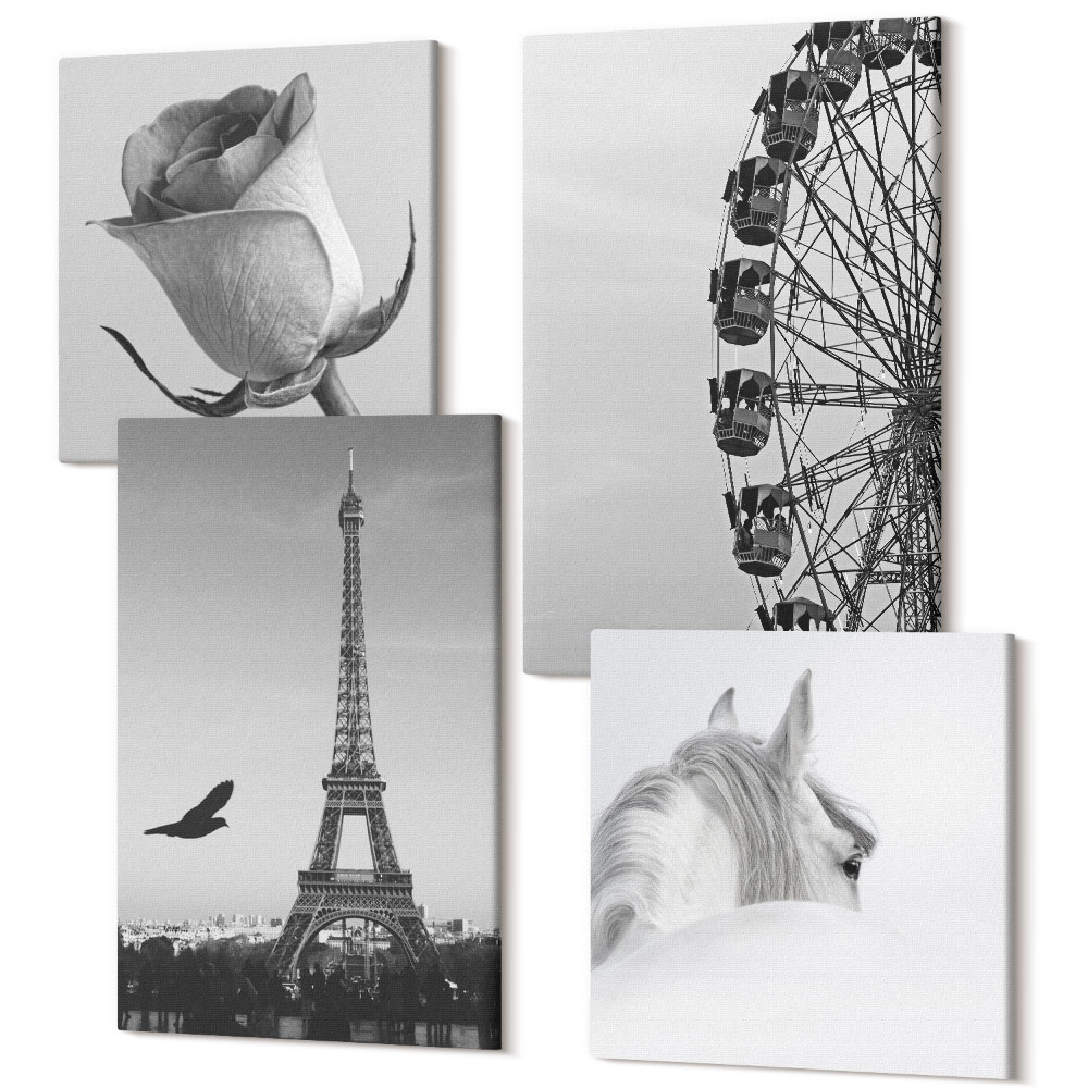 Négy részes vászonkép Rose Eiffel-torony Ló óriáskerék monokróm