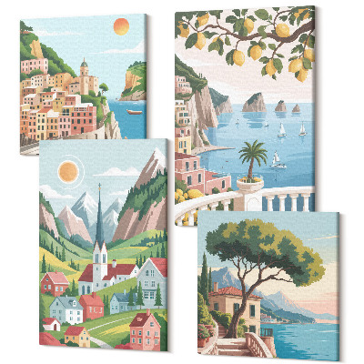 Négy részes vászonkép szett Festői tájak tengerrel és citrusfélékkel