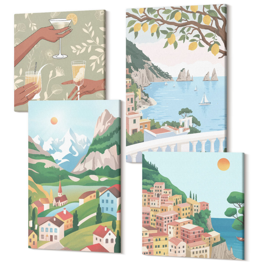 Négy részes vászonkép Tengerre néző kilátás pasztell színű házakkal