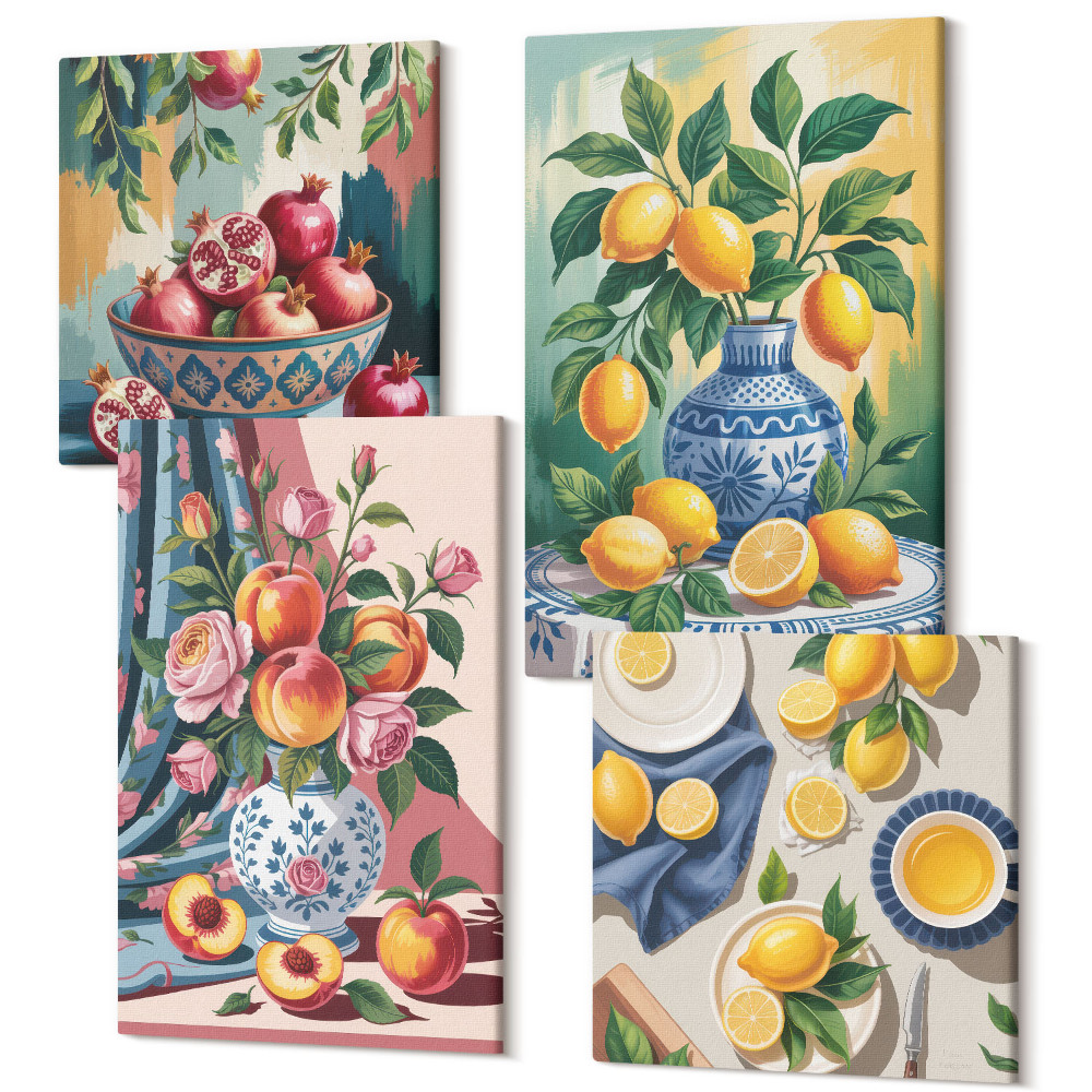 Négy részes vászonkép szett Festett virágok és gyümölcsök vázákban