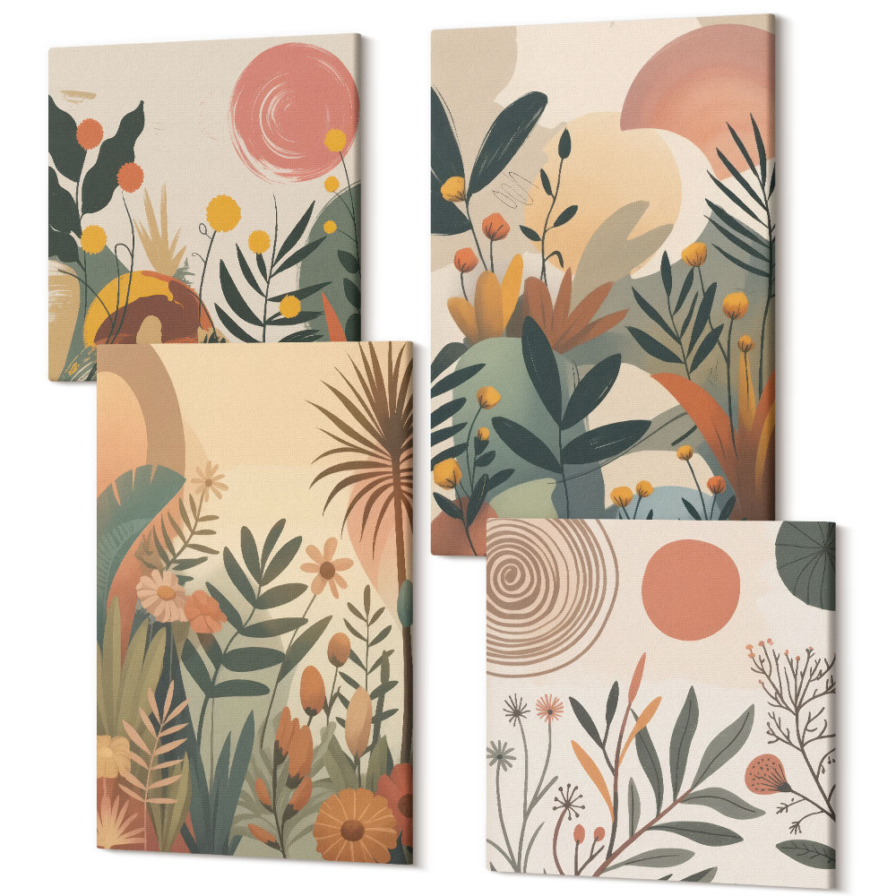 Négy részes vászonkép szett Növényi motívumok tompa színekben, körökkel